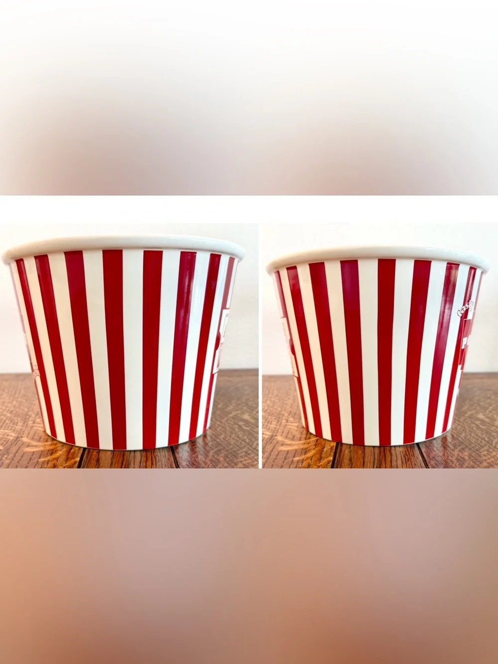 Williams Sonoma Vintage Ceramic Popcorn Bowl/Bucket Red & White Striped 9 x 7